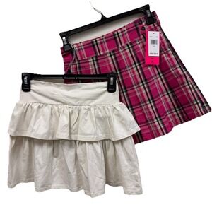 With Jules Y2K Pink Plaid Pleated Mini Skirt & Cream Ruffle Skirt Bundle XL